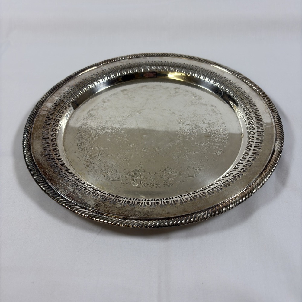 Vintage 12 Inch Round Silver Plated Serving Tray With Textured Edges - S2-395